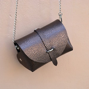 Bronze Snake Print Leather Crossbody Bag: Mini Greek Shoulder Bag