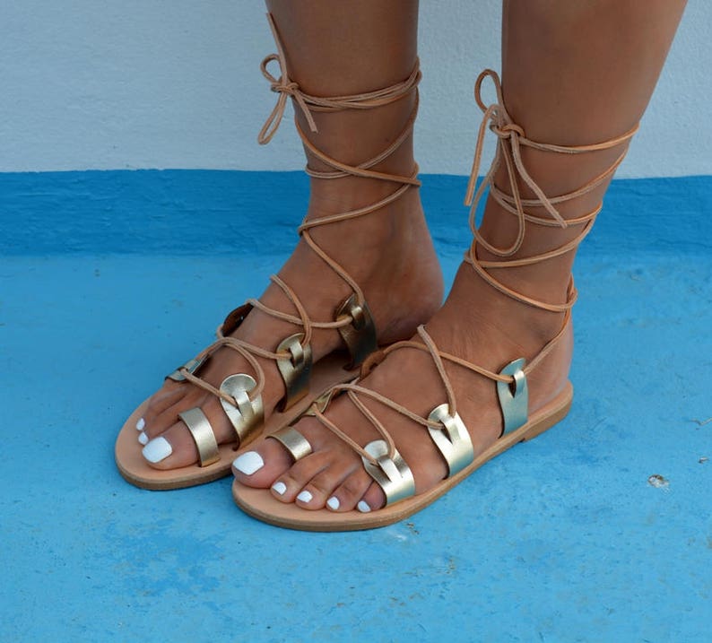 Gold Tie Up Gladiator Sandals Gold Lace Up Sandals Greek | Etsy