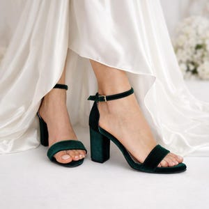 Handmade Forest Green Velvet Block Heel Sandals: Bridal Wedding Shoes