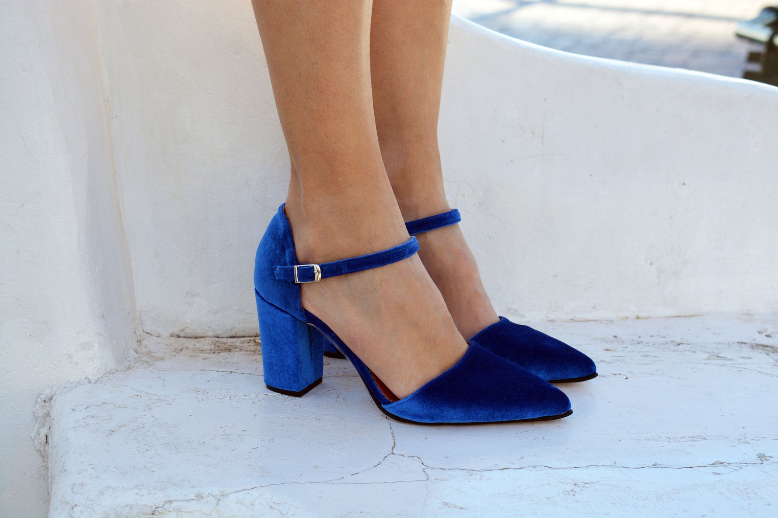 Royal Blue Velvet Block Heelswedding Heels for Bride Blue - Etsy