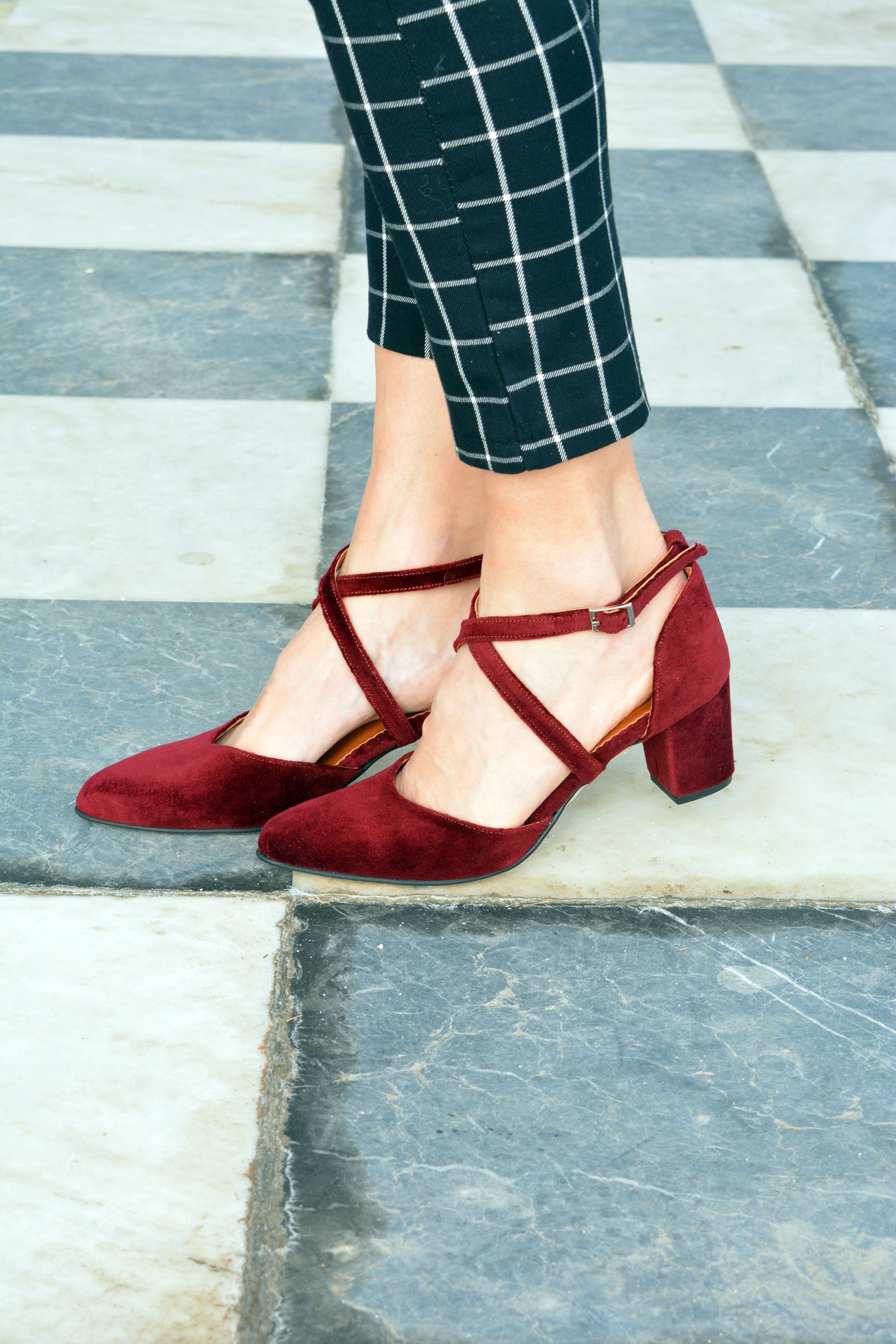 New Look chunky velvet crossover platform heeled sandal in burgundy | ASOS