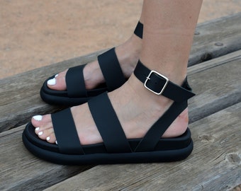 Black Leather Chunky Sandals: Greek Summer Shoes