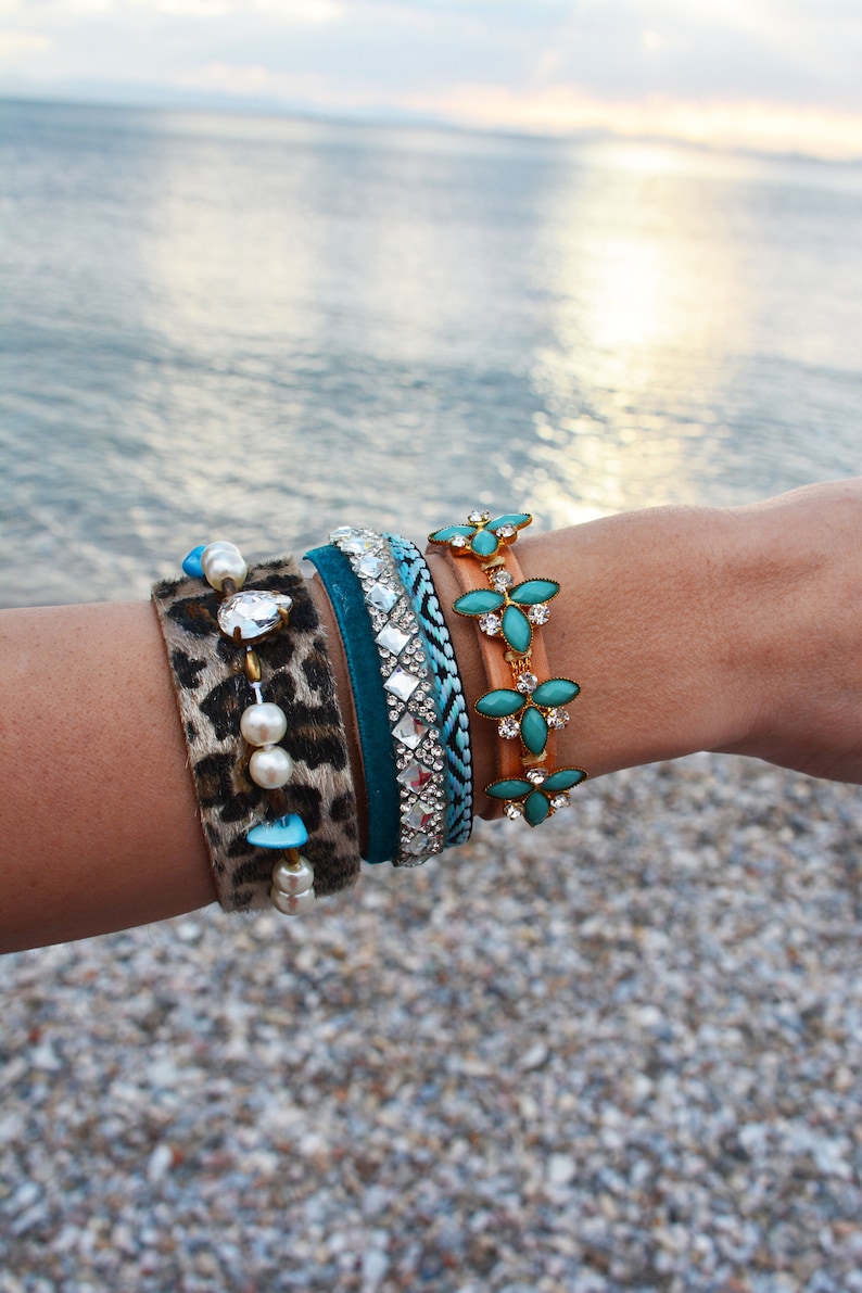 Stacking Bracelets Boho Chic Bracelets Women/'s Bracelet Cuff Blue Summer Bracelet Leather Bangle Bracelets Leather Wristband Bracelet