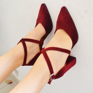 Dark Red Velvet Block Heels, Burgundy Velvet Pumps, Red Wedding shoes, Red Bridal shoes, Velvet Pumps, Velvet shoes, Velvet Block heels