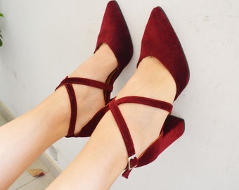 Dark Red Velvet Block Heels, Burgundy Velvet Pumps, Red Wedding shoes, Red Bridal shoes, Velvet Pumps, Velvet shoes, Velvet Block heels