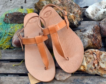 Greek leather sandals, T-strap sandals, Ancient Grecian sandals, Handmade sandals, Thong sandals, Greek flats, Natural beige color sandals