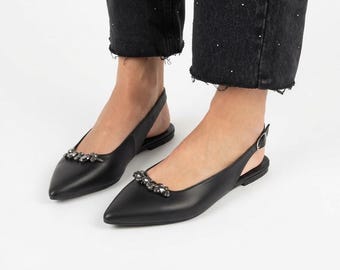 Black Leather Slingback Flats: Pointy Toe Black Leather Mules