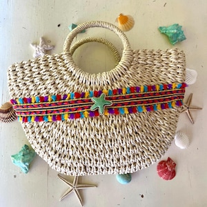 Handmade Beach Bag - Decorated Straw Tote Bag  - Boho style Bag - Summer Bag