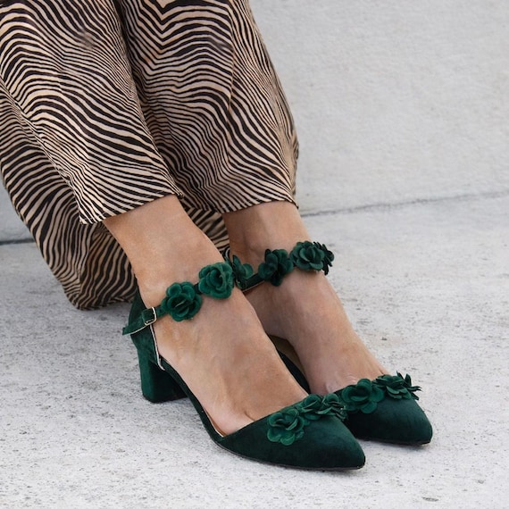 Emerald Green Velvet Block Heels: Handmade Flower Wedding Shoes