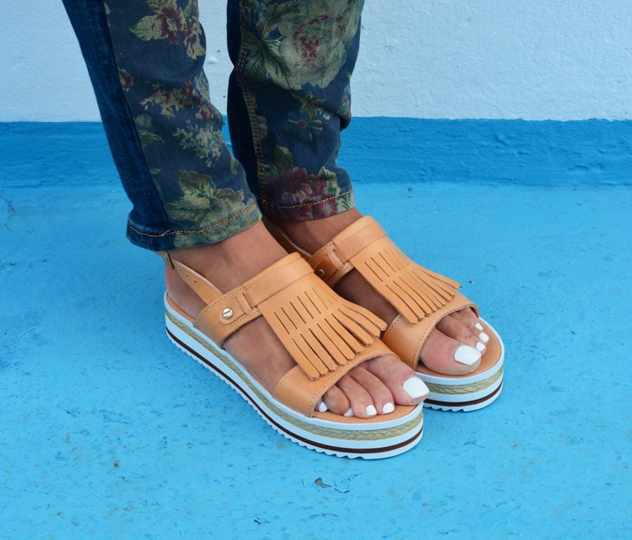 Fringed Leather Sandals Boho Sandals Platform Leather Etsy