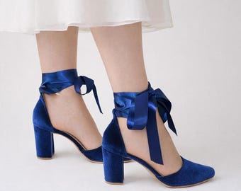 Dark Blue Velvet Block Heels: Satin Lace-Up Bridal Pumps