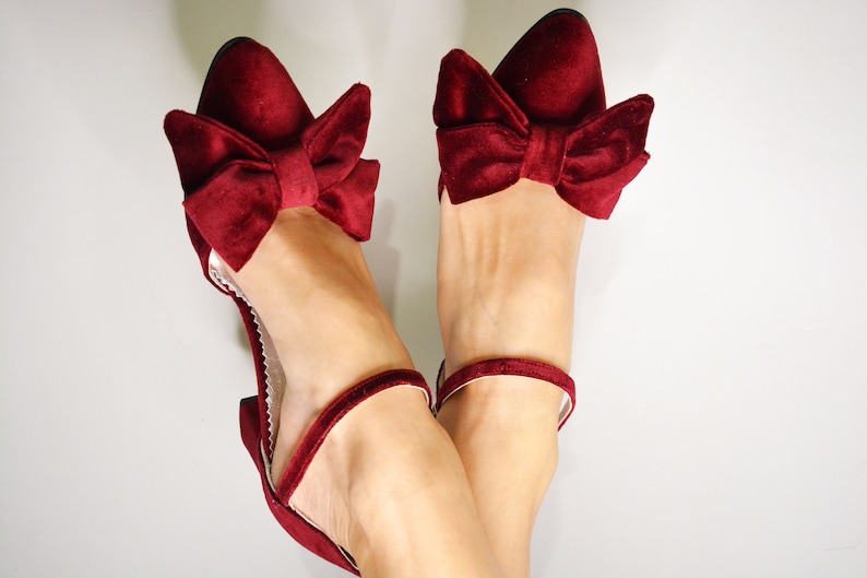 Merlot Wine Red Velvet Block Heels Velvet Bow Heels Burgundy Etsy