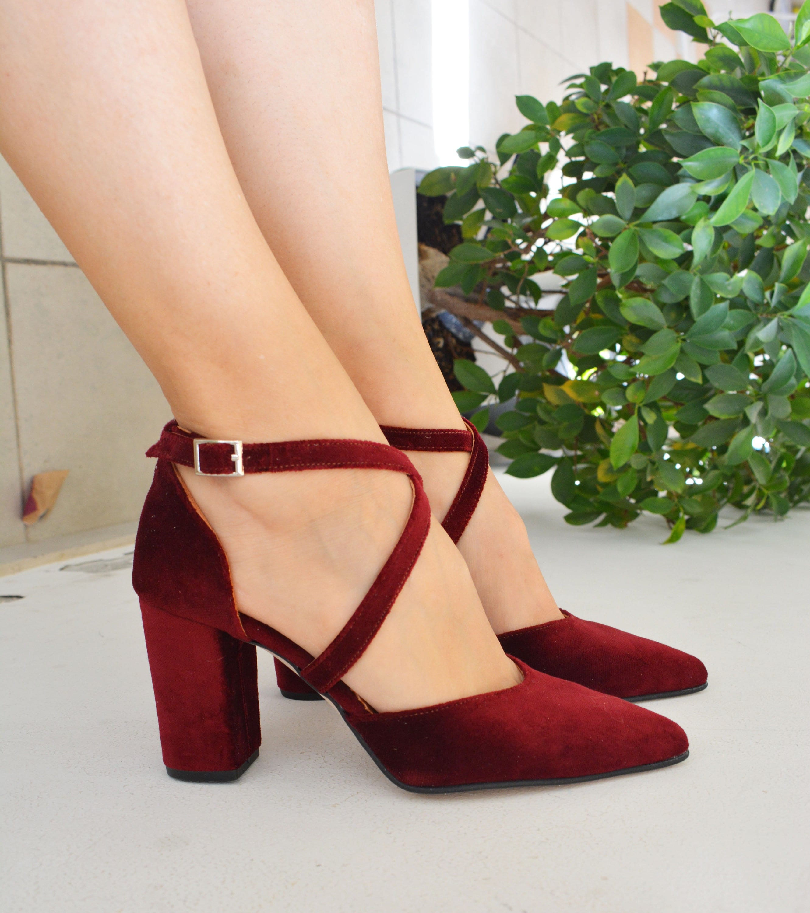 Dark Red Block Heels Burgundy Velvet Pumps Red - Etsy