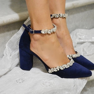 Dark Blue Block Heels, Pointed Toe Blue Heels, Blue Raf Pumps, Crystal ...