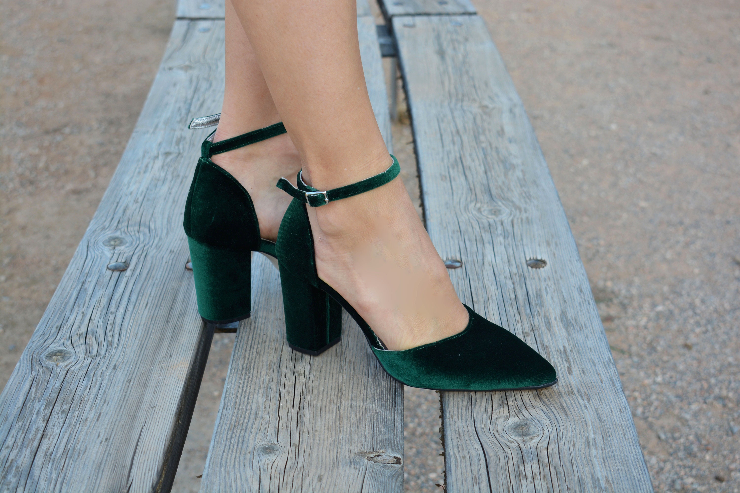 Emerald Green Velvet Block Heels Pointed Toe Green Heels