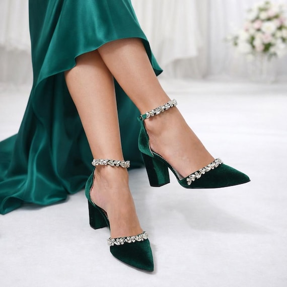 Emerald Green Velvet Block Heels: Crystal Wedding Pumps