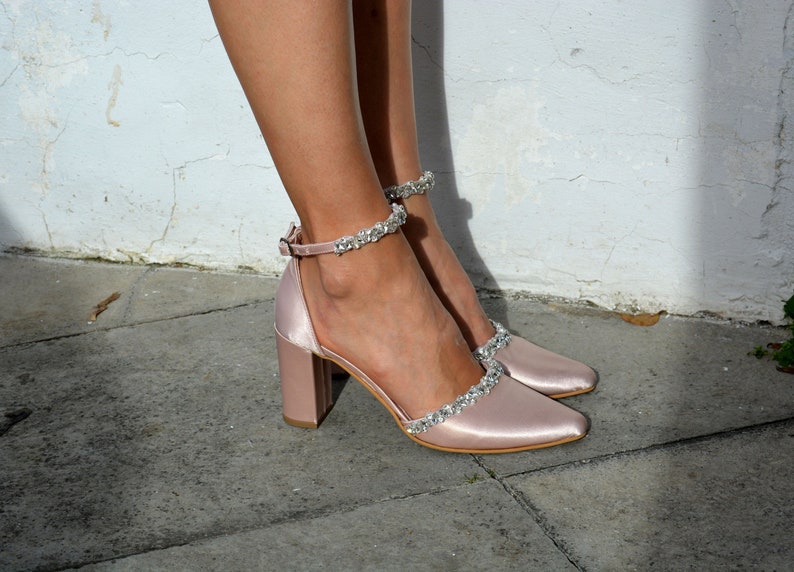 blush satin block heels