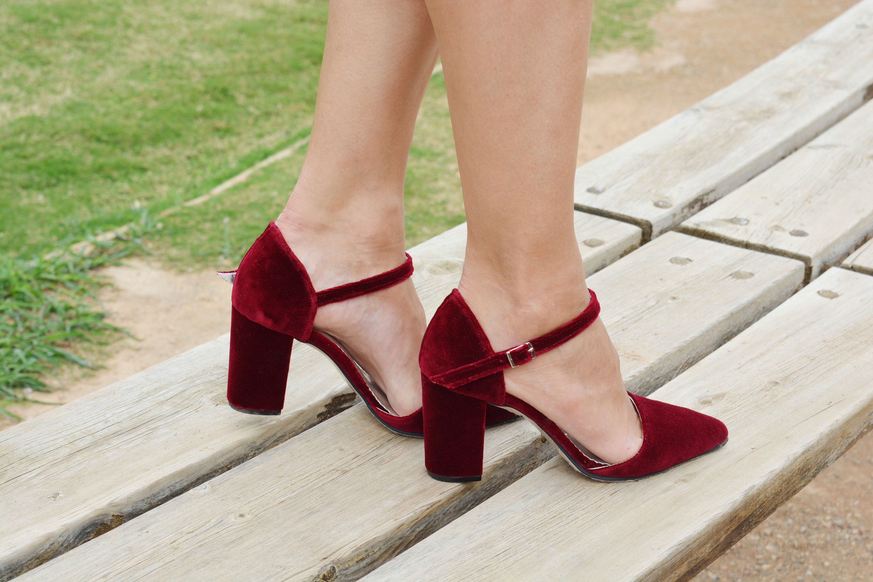 Dark Red Velvet Block Heels Red Ladies ...