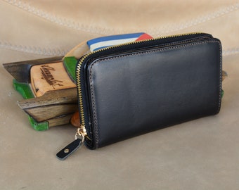 Handmade Black Leather Wallet: Women's Zip-Around Purse