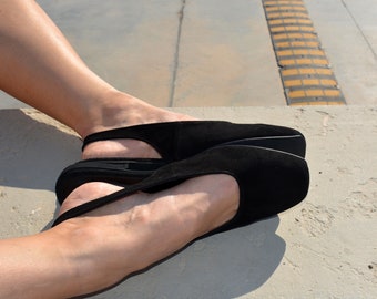 Handmade Suede Slingback Ballet Flats - Black Leather 'Kleo' Shoes