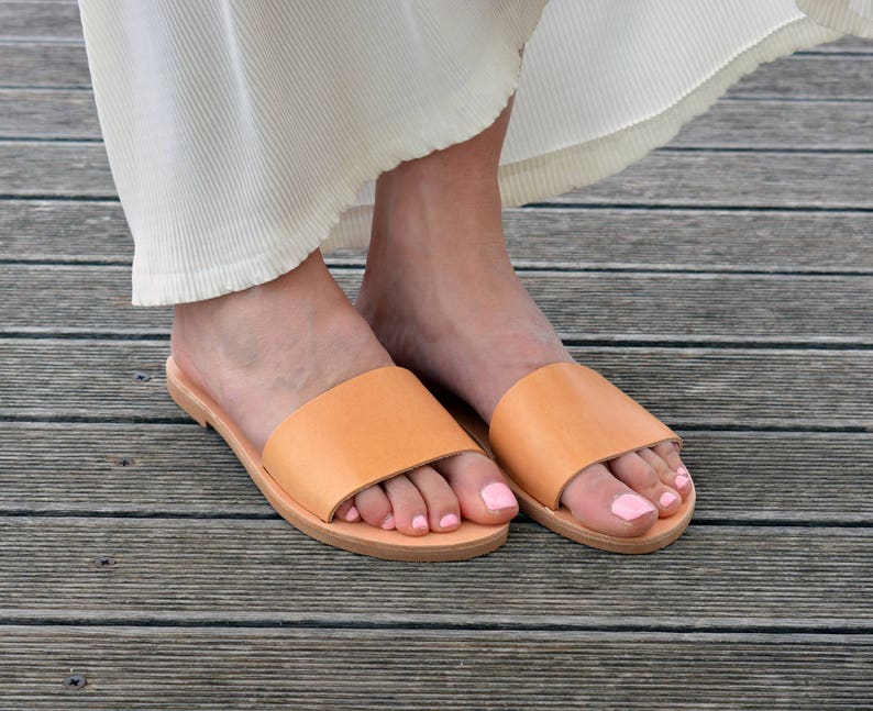 Greek Leather Slides Sandals Open Toe Flat Sandals Minimal Sandals Slide Sandals ''Emily'' image 5