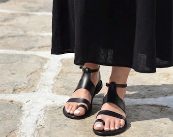 Black Leather Gladiator Sandals: Cushioned Handmade Greek Sandals