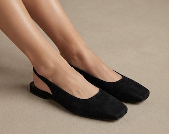 Handmade Suede Slingback Ballet Flats - Black Leather 'Kleo' Shoes