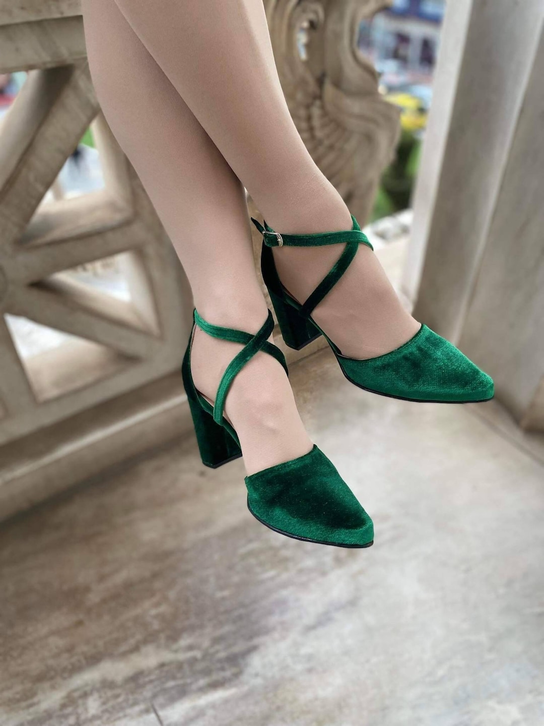 emerald green chunky heels