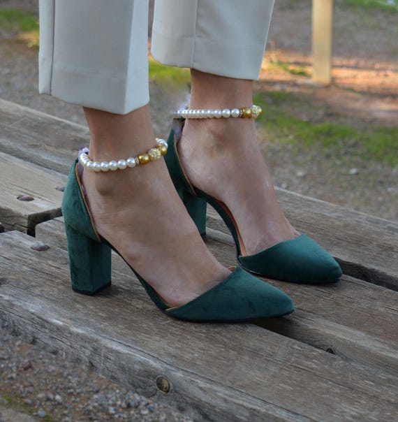 Dark Green Velvet Block Heels Pearl Ankle strap Heels Dark Green Pumps Green Wedding shoes Green Bridal shoes Velvet Pumps Simona