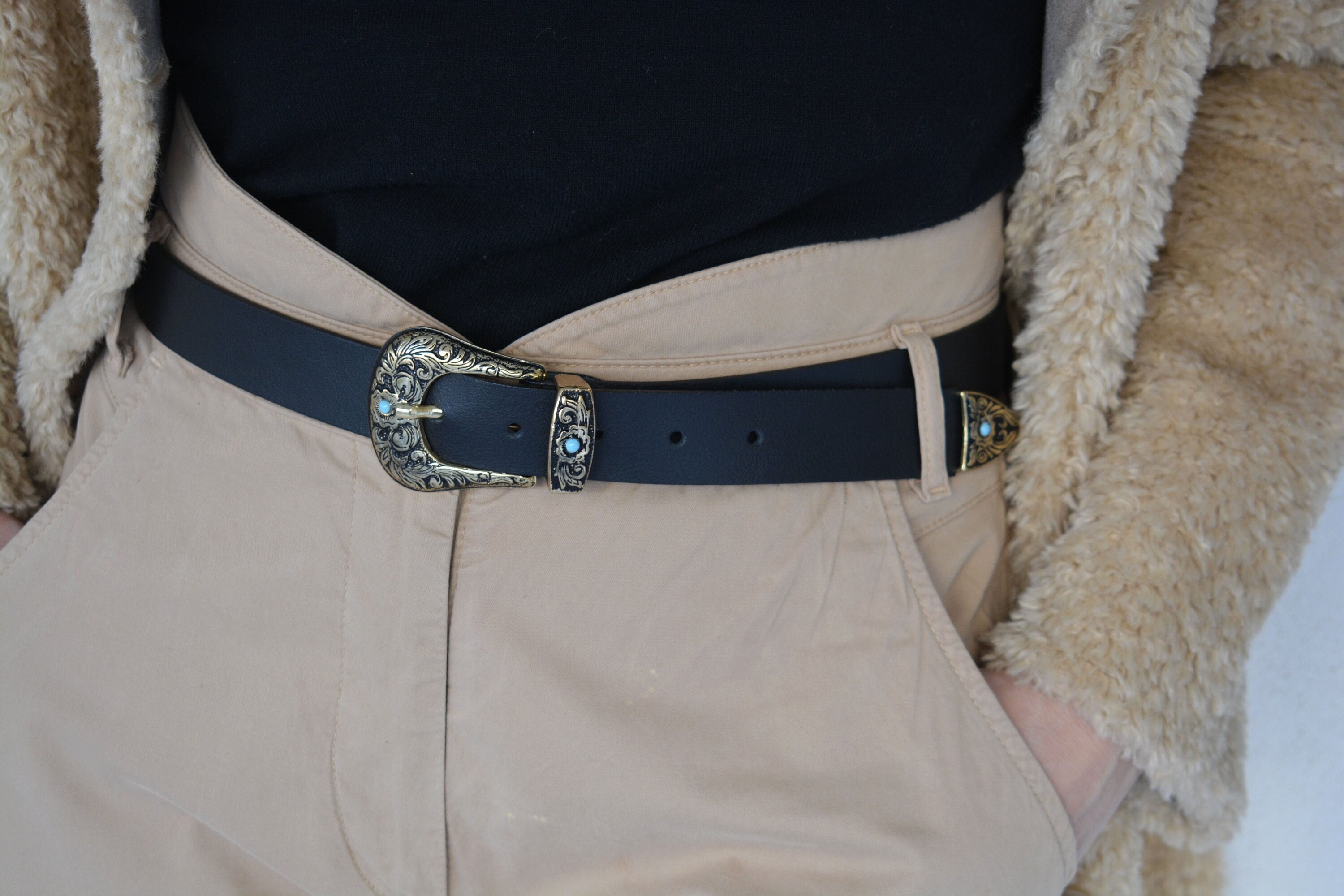 Ceinture Femme En Cuir Véritable Noir Avec Pierres Turquoises - Boucle Petite, Taille M, Neuf