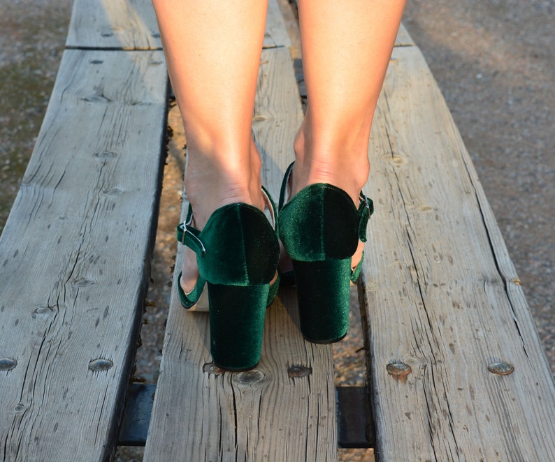 Emerald Green Velvet Block Heels Pointed Toe Green Heels Etsy