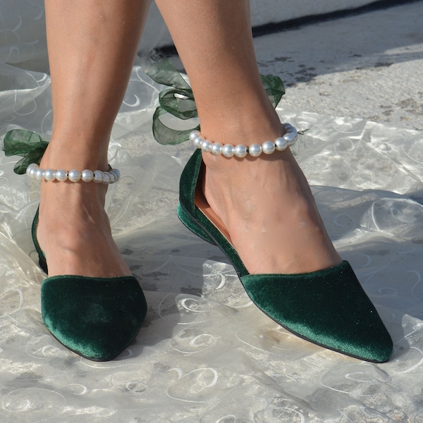 Women's Flat Bridal Shoes With Ankle Pearl- Wedding shoes emerald green- Green Velvet Bridal flats- Wedding shoes velvet WINDSOR