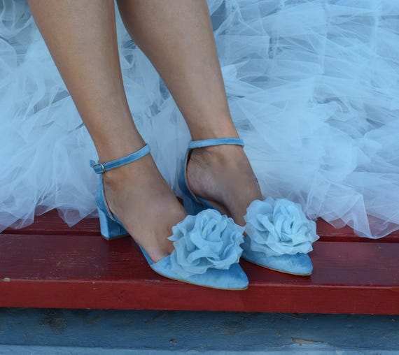 Light Blue Velvet Flower Heels: Handmade Bridal Block Heel Shoes