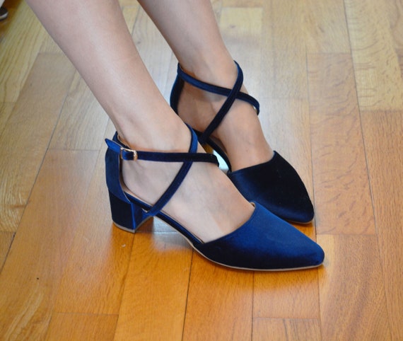 Dark Blue Criss Cross Shoes, Dark Blue Velvet Shoes, Wedding Shoes
