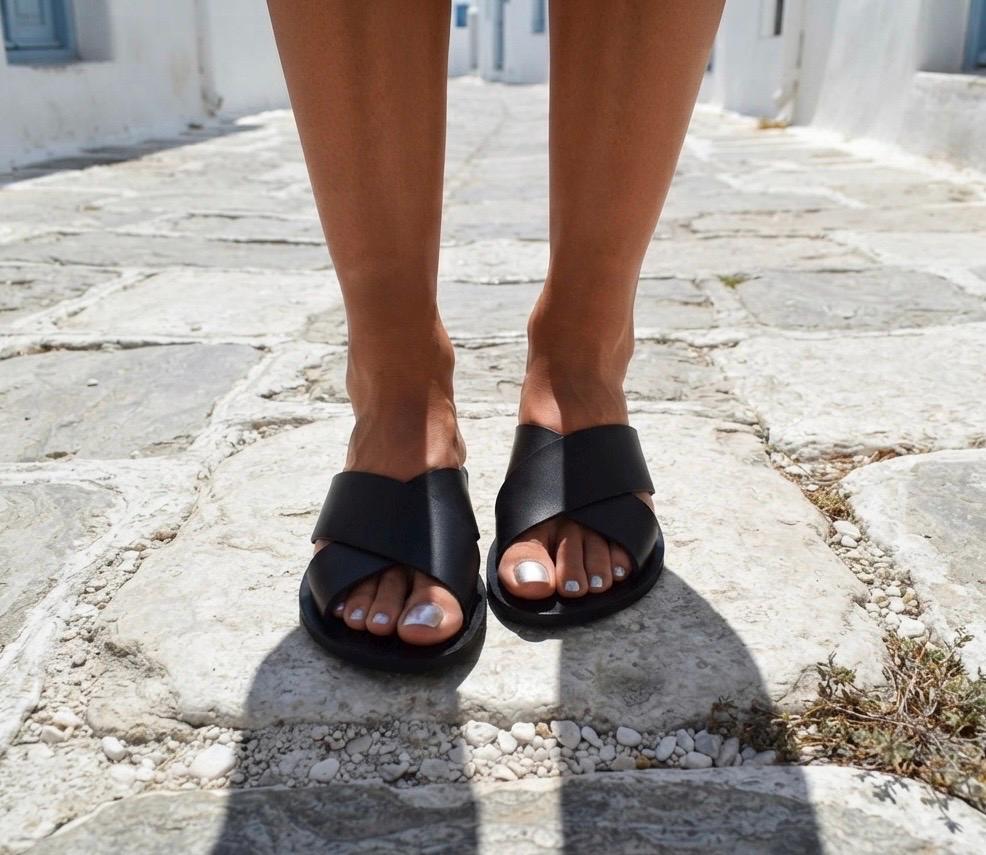 Black Leather Slides: Greek Criss Cross Sandals
