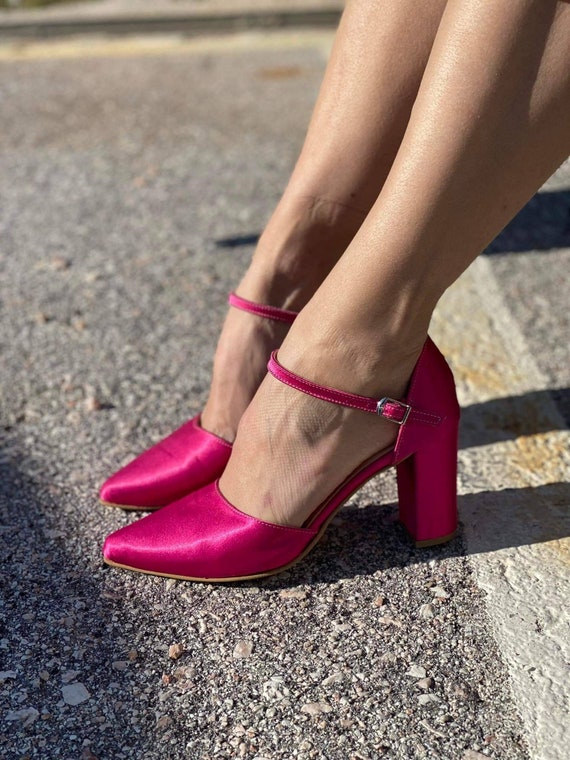 Hot Pink Satin Heels Block Heel Wedding 