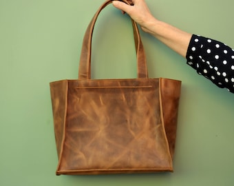 Genuine Leather Light brown tote bag, Women's Rustic brown tote, Light brown shopper bag, Distressed Leather shoulder bag, Many Colors