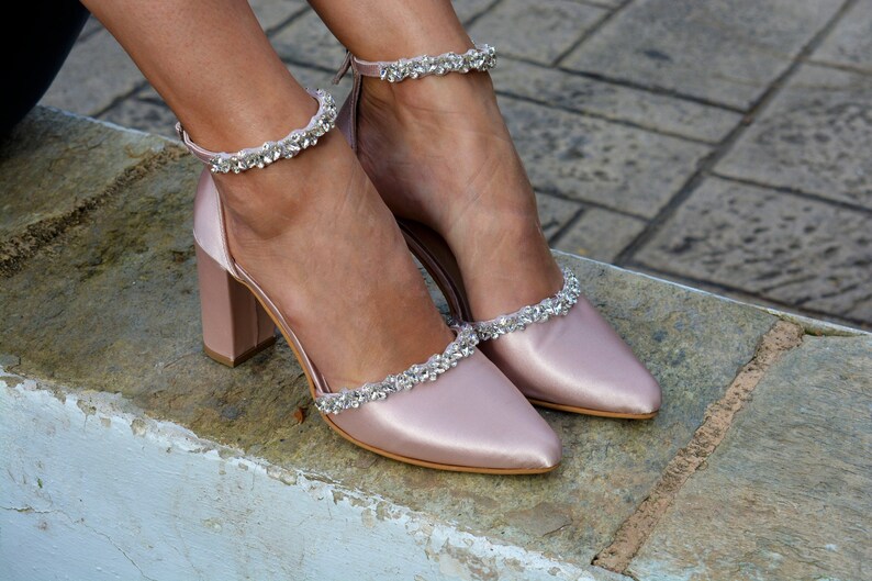 Block Heel Wedding Shoes Blush Satin Wedding Shoes Jeweled Etsy