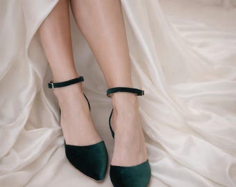 Emerald Green Velvet Flats: Handmade Leather Ankle Strap Ballet Shoes