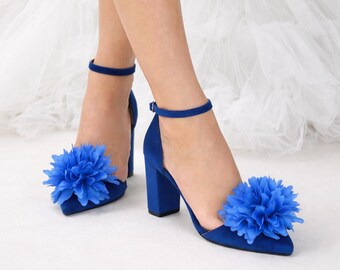 Dark Blue Velvet Flower Heels: Handmade Bridal Block Heel Shoes ''Midnight Blossom''
