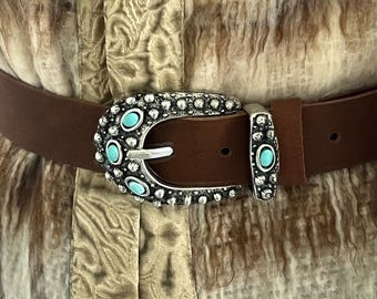 Brown Leather Belt: Turquoise Silver Buckle, Handmade in Greece