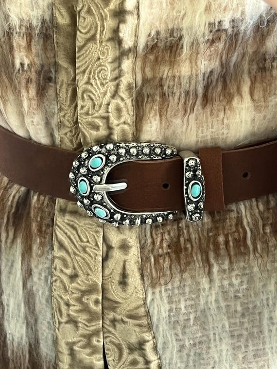 Brown leather belt with silver metal and turquoise detail Brown leather belt with silver metal and turquoise detail main image 4