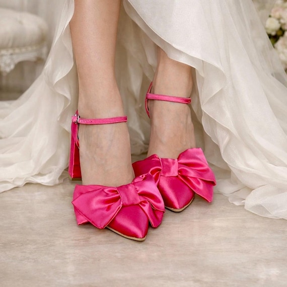 Fuchsia Satin Block Heels, Hot Pink Satin Heels, Block heel Wedding shoes, Satin Bows Wedding Shoes