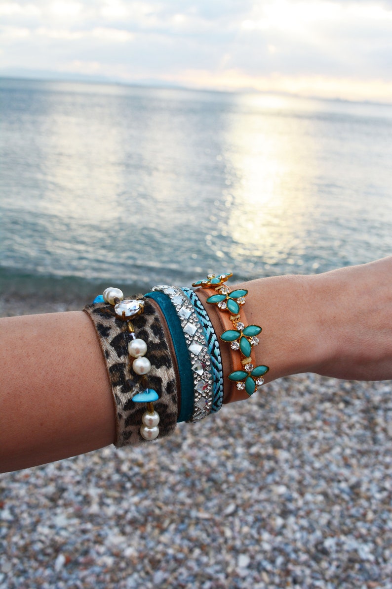 Stacking Bracelets Boho Chic Bracelets Women/'s Bracelet Cuff Blue Summer Bracelet Leather Bangle Bracelets Leather Wristband Bracelet
