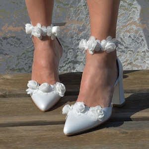 Genuine leather- Women&#39;s bridal block heels- Handmade white heels- Wedding Flower shoes-D&#39;Orsay ankle strap heels-Ankle strap pumps FLORENCE