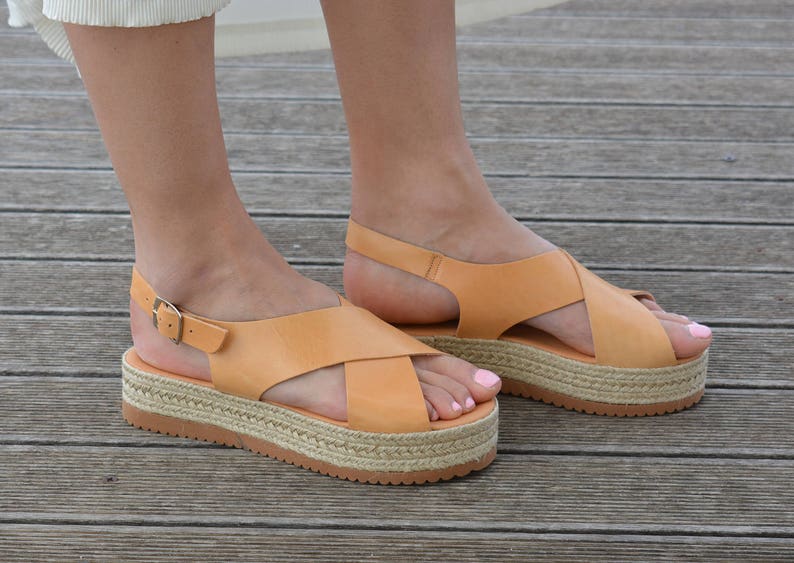 Greek Sandals, Espadrilles Sandals, Leather Flatform Sandals, Criss Cross Sandals, Slingback Platform Sandals ''Naxos'' image 3