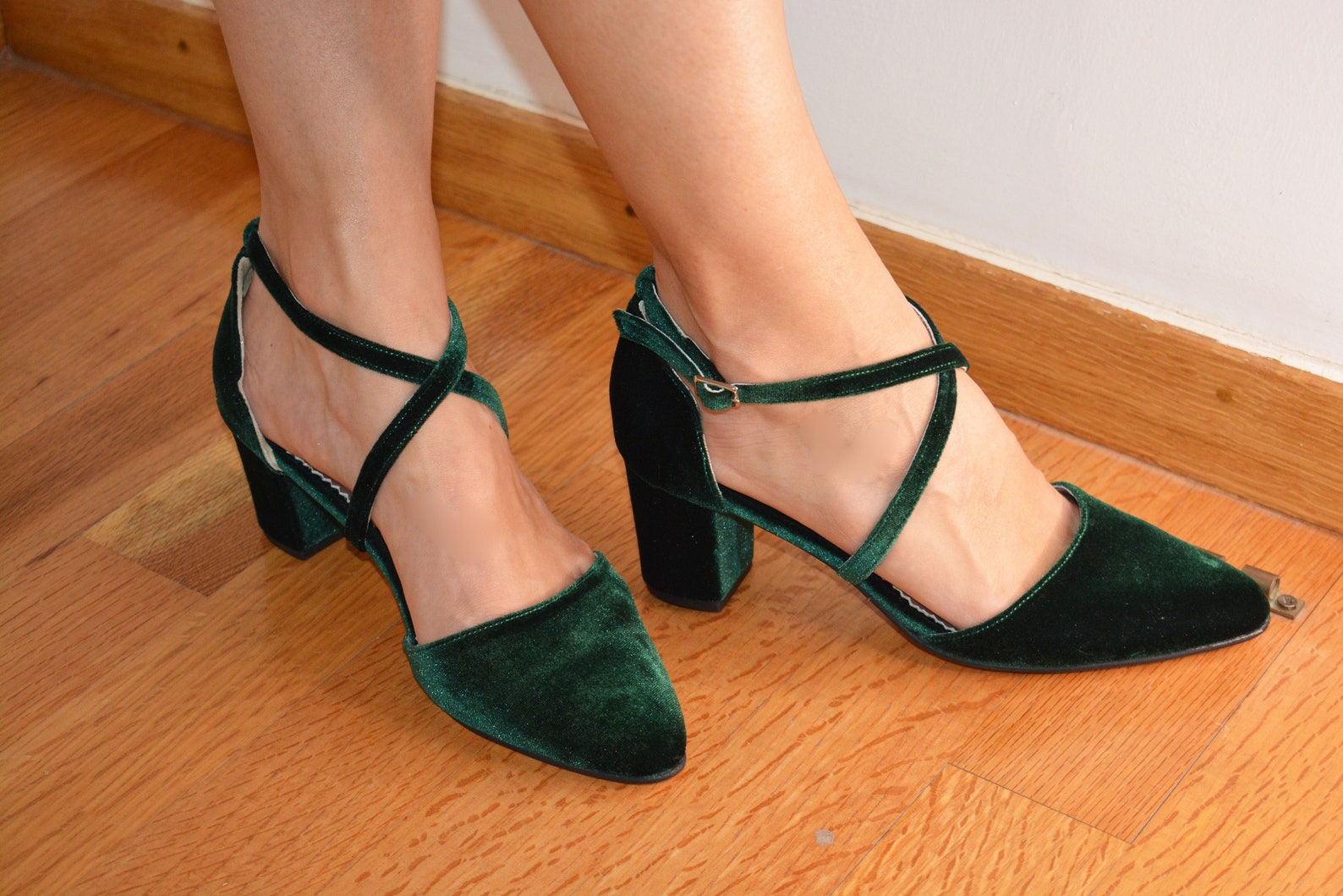 Forest Green Velvet Block Heels Emerald Green Heels Green Etsy