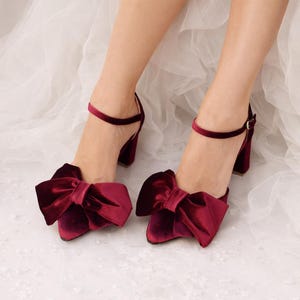 Handmade Velvet Bow Block Heels: Burgundy Red Wedding Shoes