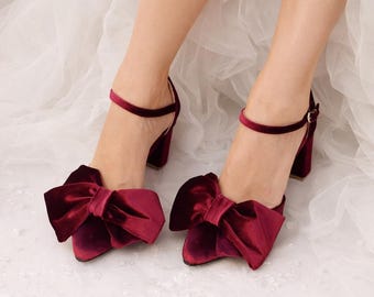 Handmade Velvet Bow Block Heels: Burgundy Red Wedding Shoes