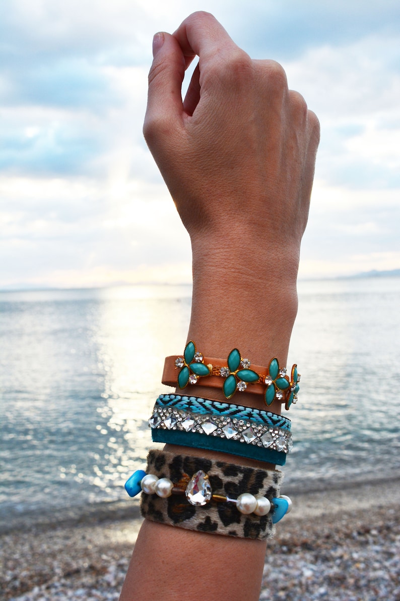 Stacking Bracelets Boho Chic Bracelets Women/'s Bracelet Cuff Blue Summer Bracelet Leather Bangle Bracelets Leather Wristband Bracelet